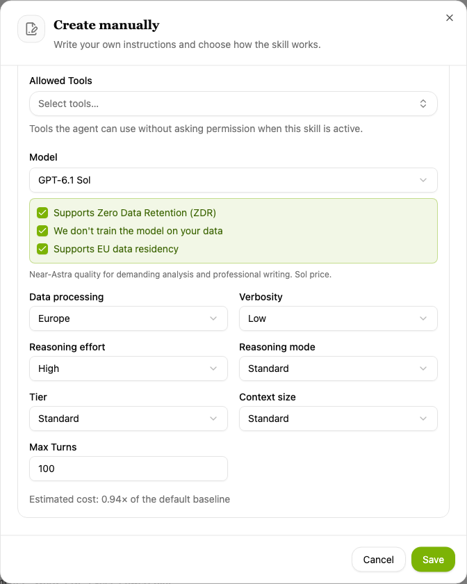 Custom skill model and advanced settings