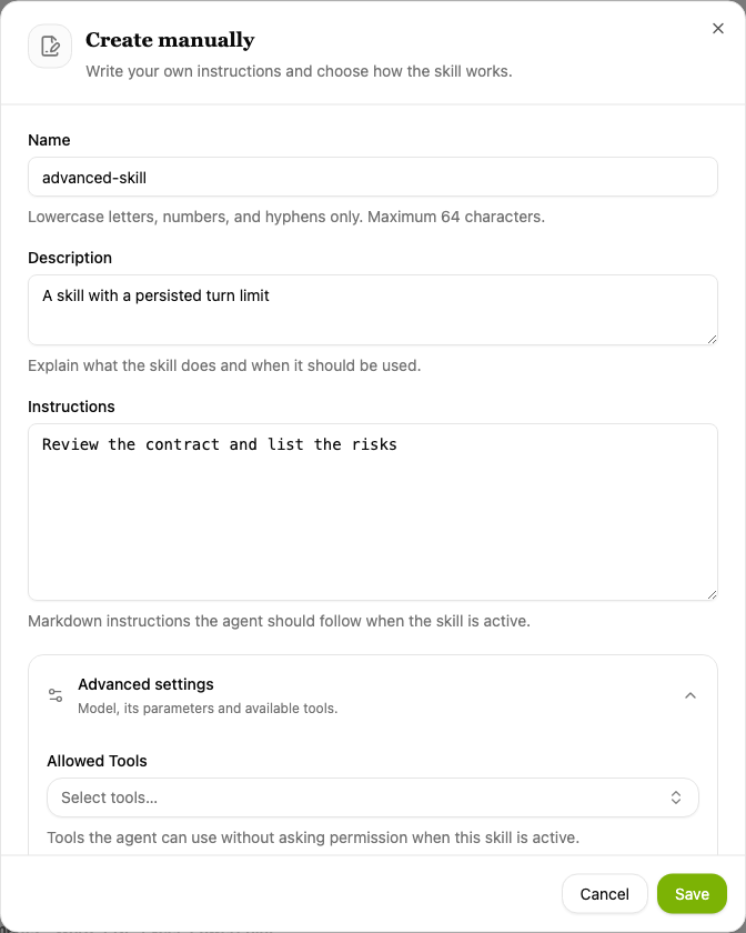 Custom skill instructions and allowed tools