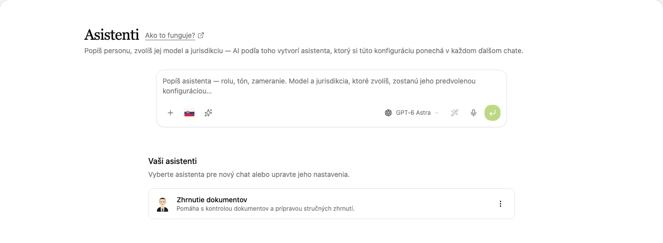 Stránka Asistenti s poľom pre nového asistenta a zoznamom asistentov