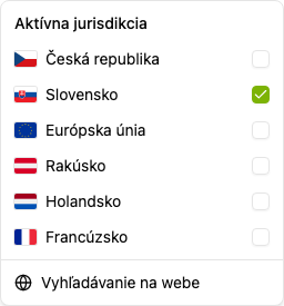 Ponuka Aktívne jurisdikcie s prepínačom Vyhľadávanie na webe.