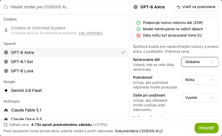 Výber modelu s profilom odpovede a odhadom ceny.