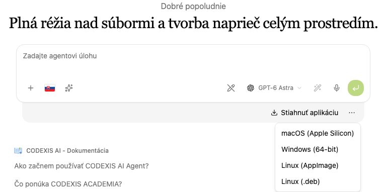 Tlačidlo Stiahnuť aplikáciu s ponukou verzií pre macOS, Windows a Linux