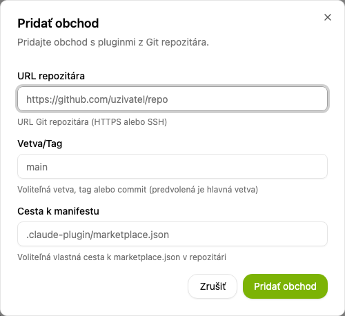 Dialóg Pridať zdroj doplnkov s poľami URL repozitára, Vetva/Tag a Cesta k manifestu